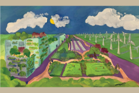 field with windmills, green buildings, solar panels